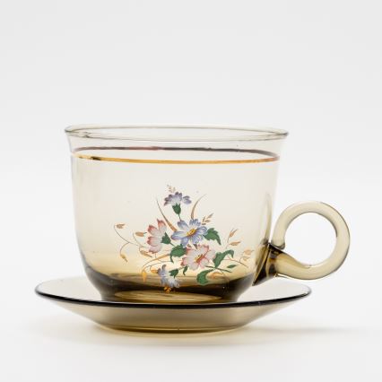 Lot 6x tasse en verre avec une soucoupe et 1x sucrier fumé bouquet no. 4