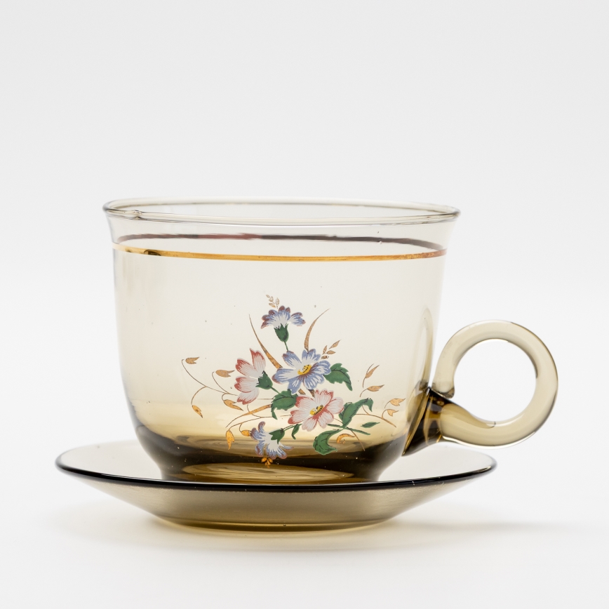 Lot 6x tasse en verre avec une soucoupe et 1x sucrier fumé bouquet no. 4