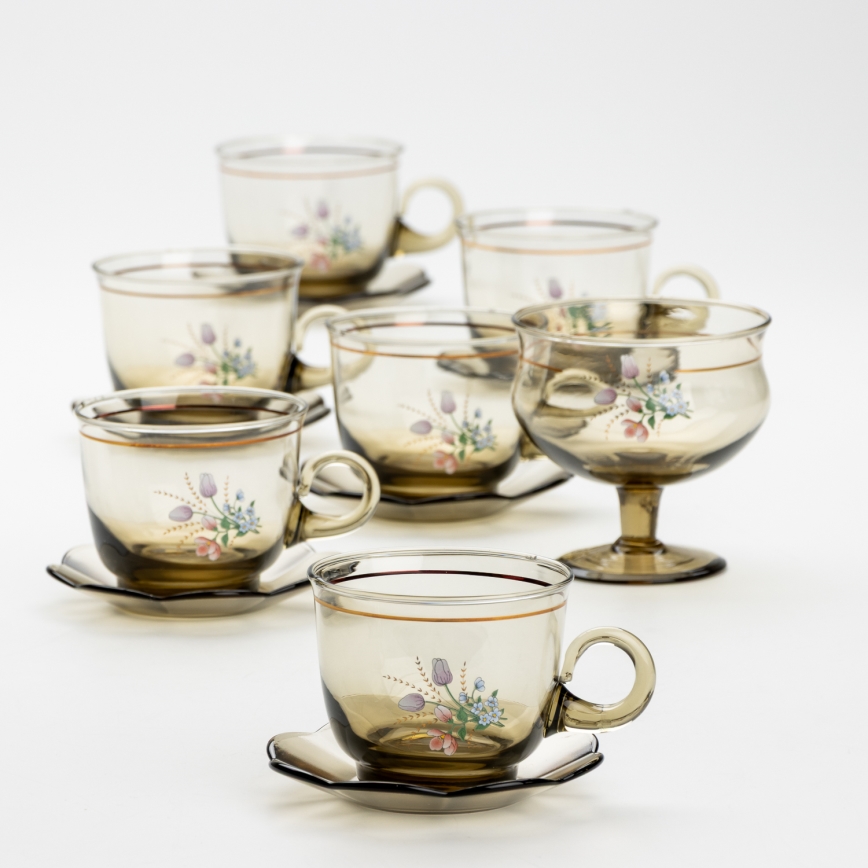 Lot 6x tasse en verre avec une soucoupe et 1x sucrier fumé bouquet n° 2