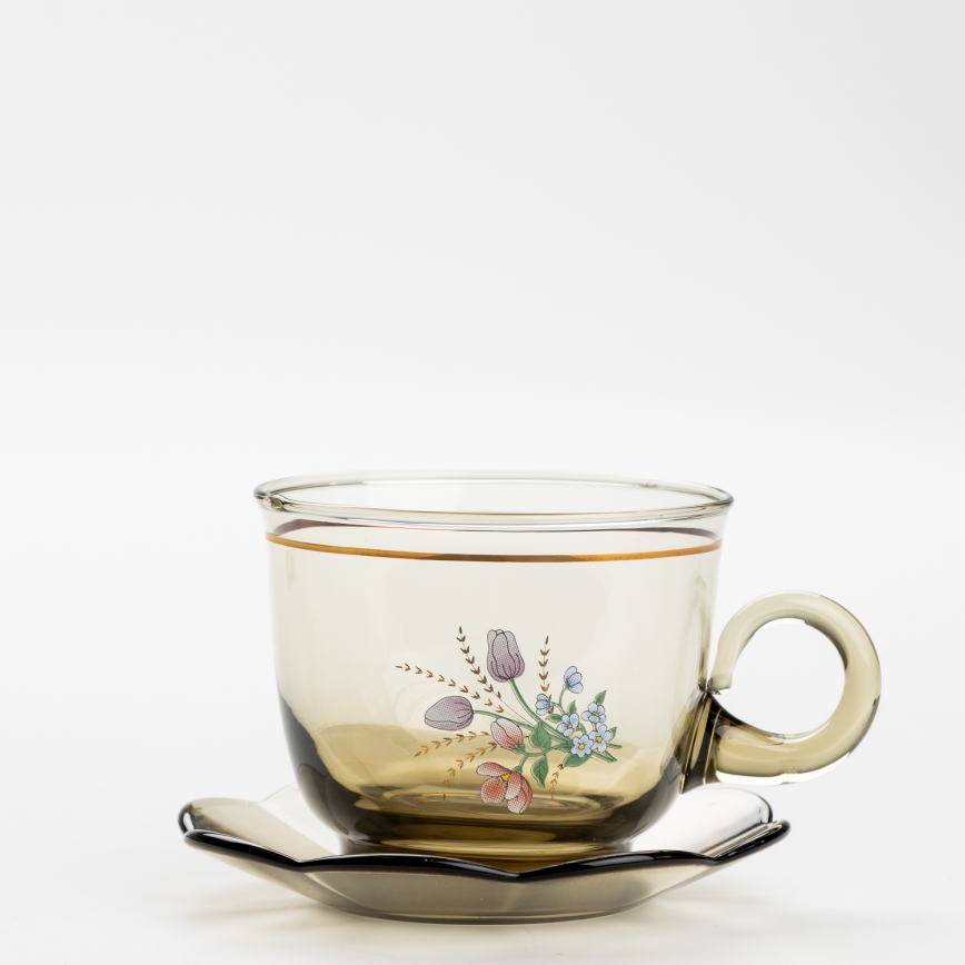 Lot 6x tasse en verre avec une soucoupe et 1x sucrier fumé bouquet n° 2