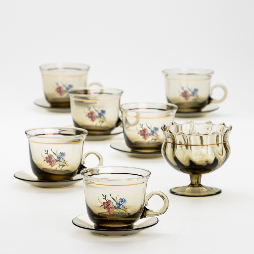 Lot 6x tasse en verre avec une soucoupe et 1x sucrier fumé bouquet n° 3