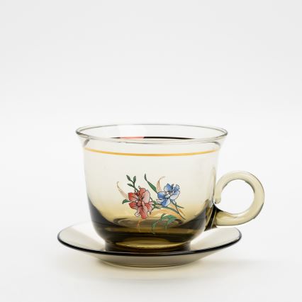 Lot 6x tasse en verre avec une soucoupe et 1x sucrier fumé bouquet n° 3