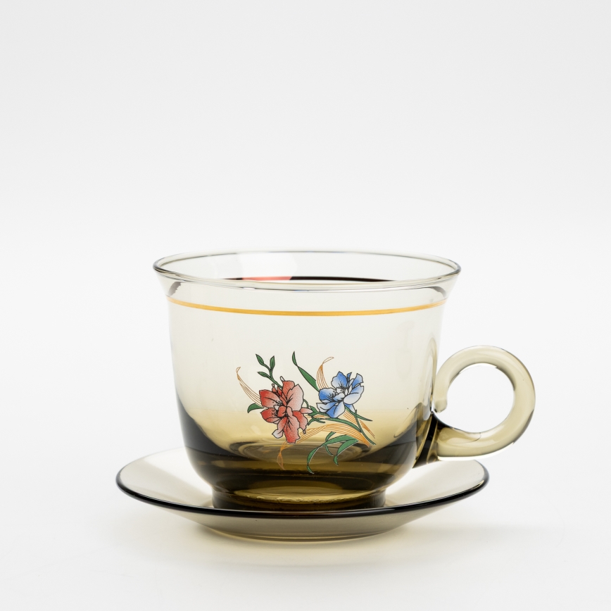 Lot 6x tasse en verre avec une soucoupe et 1x sucrier fumé bouquet n° 3