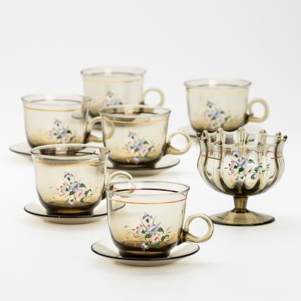 Lot 6x tasse en verre avec une soucoupe et 1x sucrier fumé bouquet n° 3
