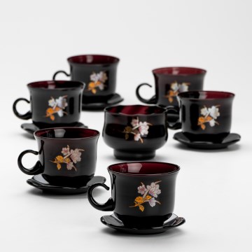 Lot 6x tasse en verre avec une soucoupe et 1x sucrier noir bouquet n° 3