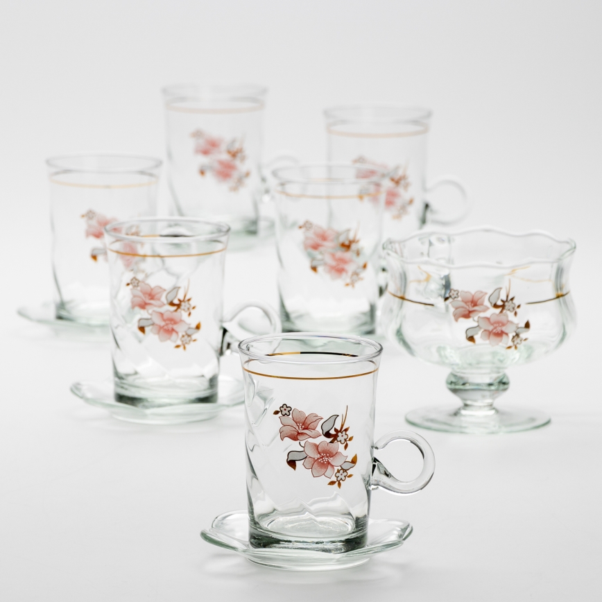 Lot 6x tasse en verre avec une soucoupe et 1x sucrier transparent bouquet n° 2