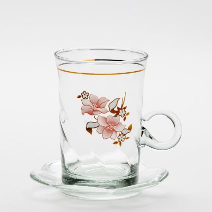 Lot 6x tasse en verre avec une soucoupe et 1x sucrier transparent bouquet n° 2