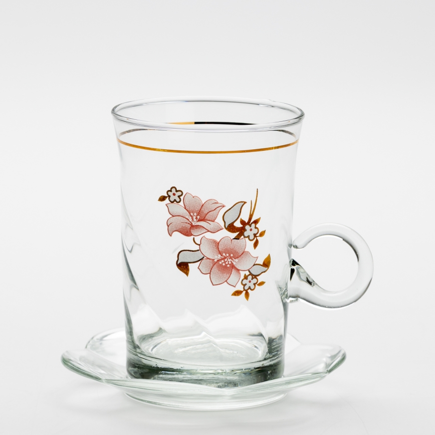 Lot 6x tasse en verre avec une soucoupe et 1x sucrier transparent bouquet n° 2