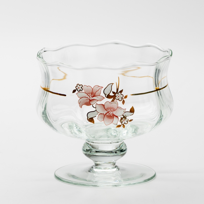Lot 6x tasse en verre avec une soucoupe et 1x sucrier transparent bouquet n° 2