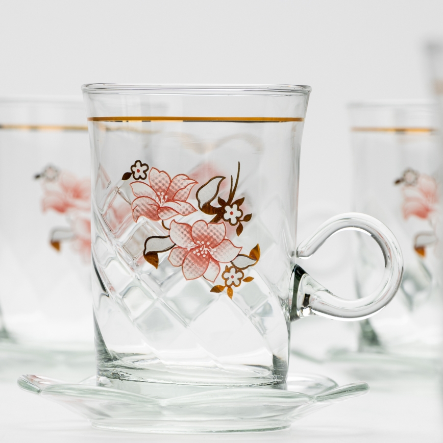 Lot 6x tasse en verre avec une soucoupe et 1x sucrier transparent bouquet n° 2