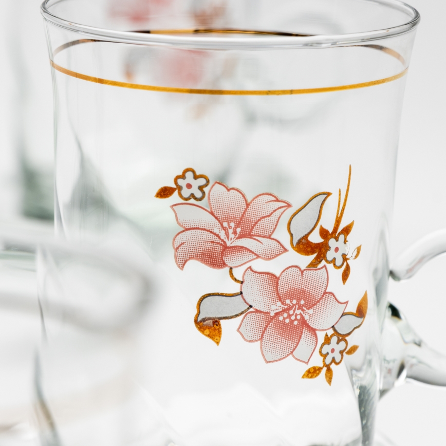 Lot 6x tasse en verre avec une soucoupe et 1x sucrier transparent bouquet n° 2