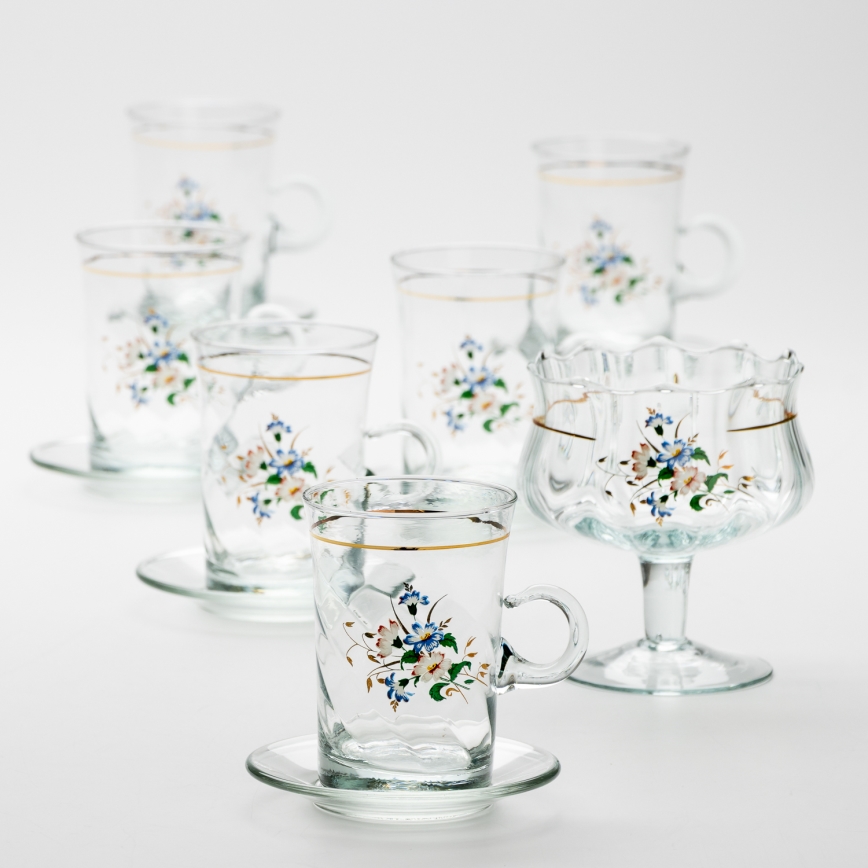 Lot 6x tasse en verre avec une soucoupe et 1x sucrier transparent bouquet n° 3