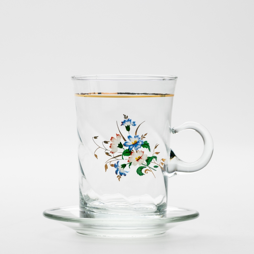 Lot 6x tasse en verre avec une soucoupe et 1x sucrier transparent bouquet n° 3