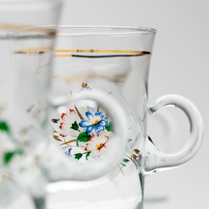 Lot 6x tasse en verre avec une soucoupe et 1x sucrier transparent bouquet n° 3