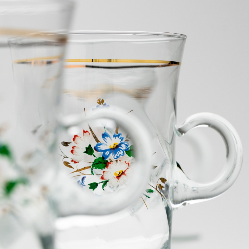 Lot 6x tasse en verre avec une soucoupe et 1x sucrier transparent bouquet n° 3