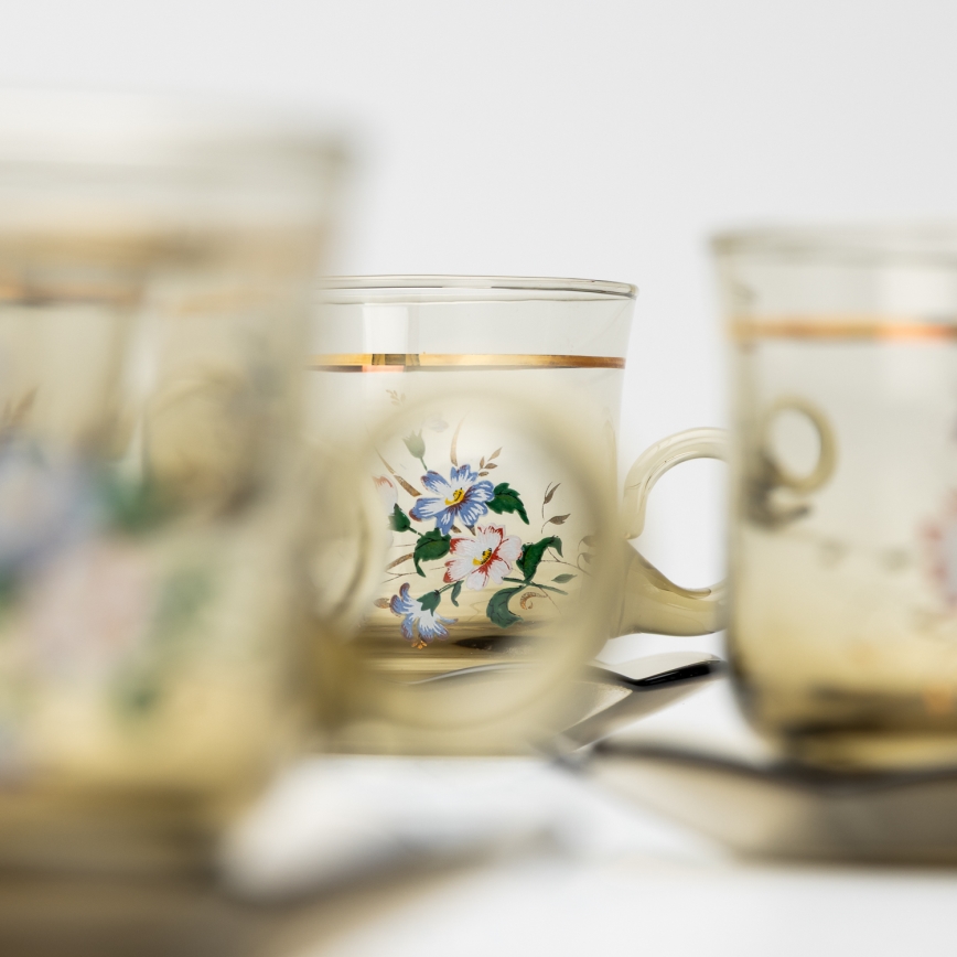 Lot 6x tasse en verre avec une soucoupe fumé bouquet no. 5