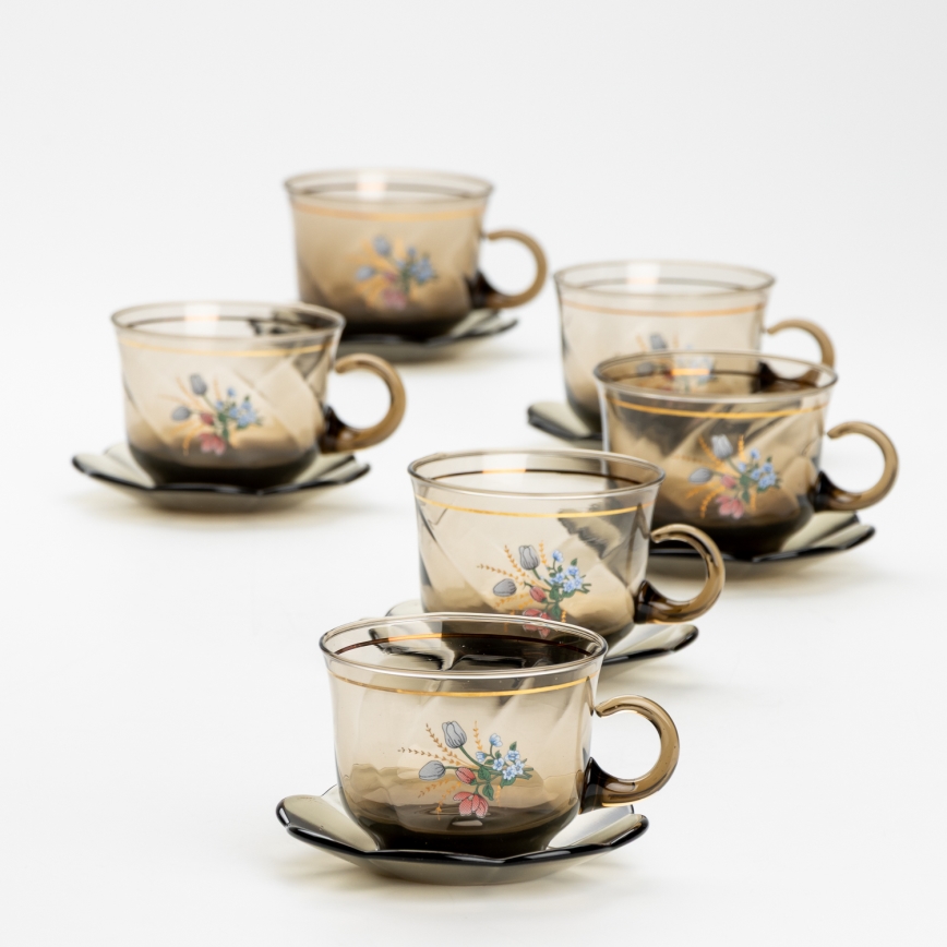 Lot 6x tasse en verre avec une soucoupe fumé bouquet n° 2