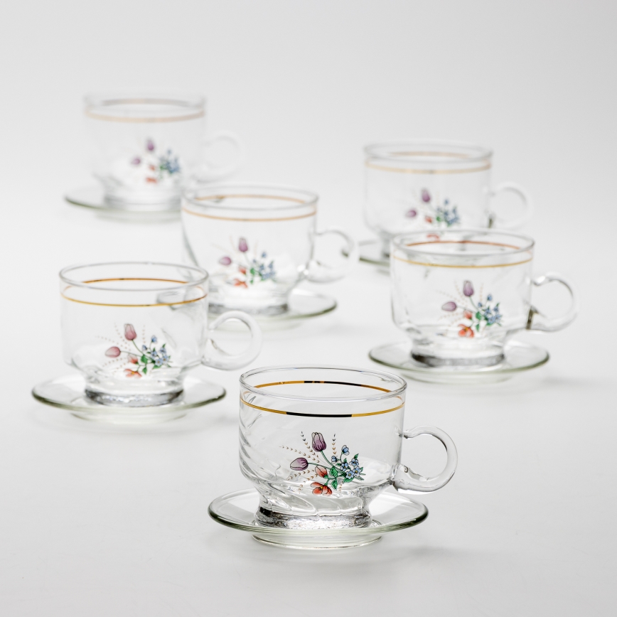 Lot 6x tasse en verre avec une soucoupe transparent bouquet no. 5