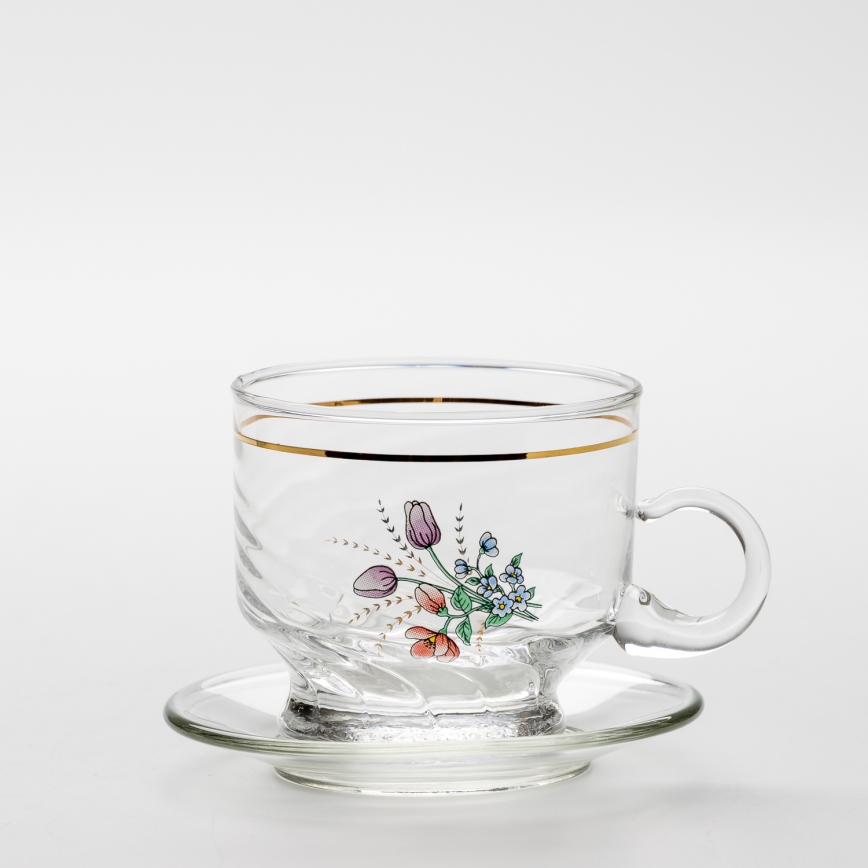 Lot 6x tasse en verre avec une soucoupe transparent bouquet no. 5