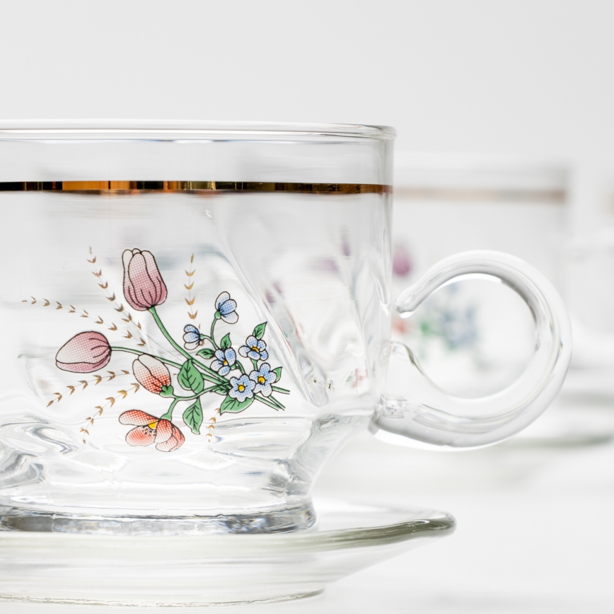 Lot 6x tasse en verre avec une soucoupe transparent bouquet no. 5