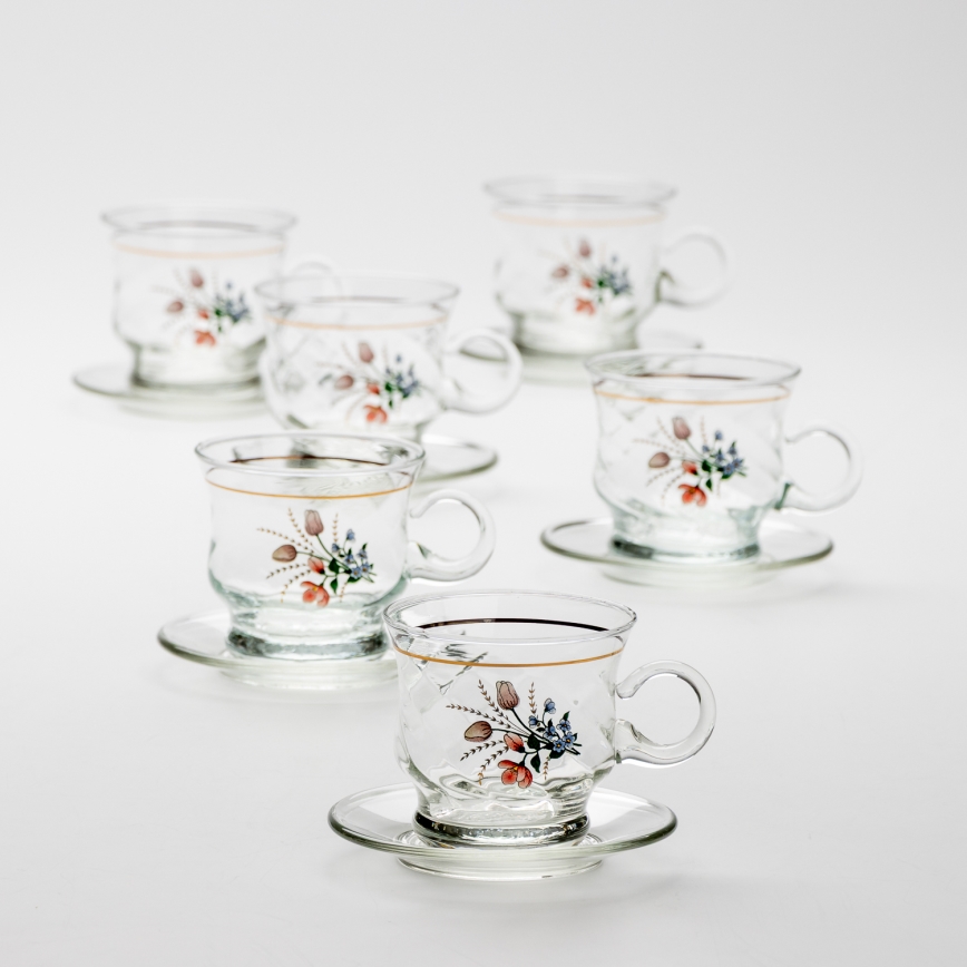 Lot 6x tasse en verre avec une soucoupe transparent bouquet n° 3
