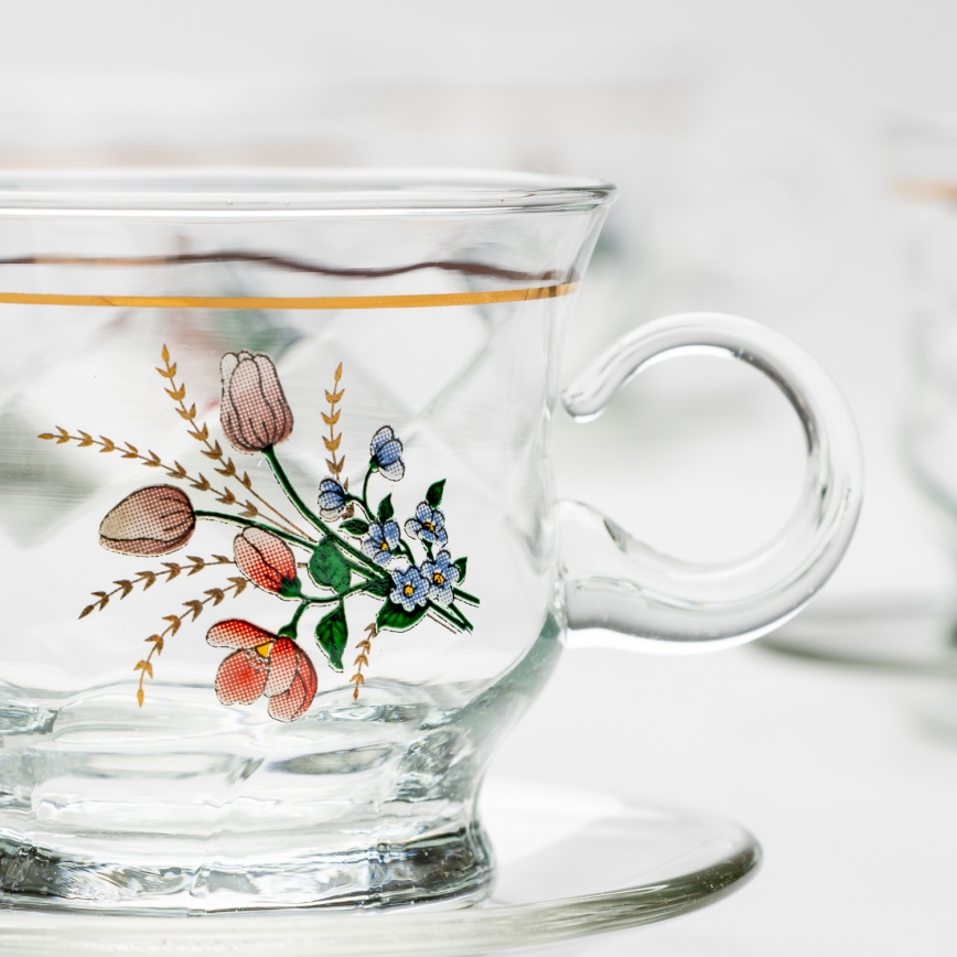 Lot 6x tasse en verre avec une soucoupe transparent bouquet n° 3
