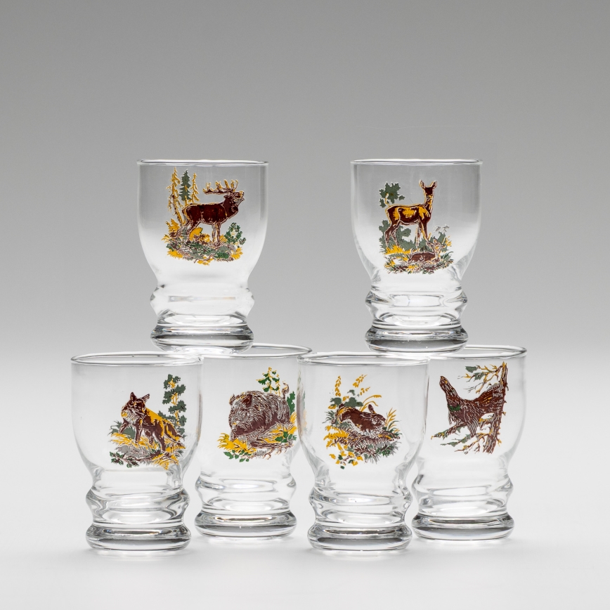 Lot 6x verre à liqueur transparent - motif de chasse