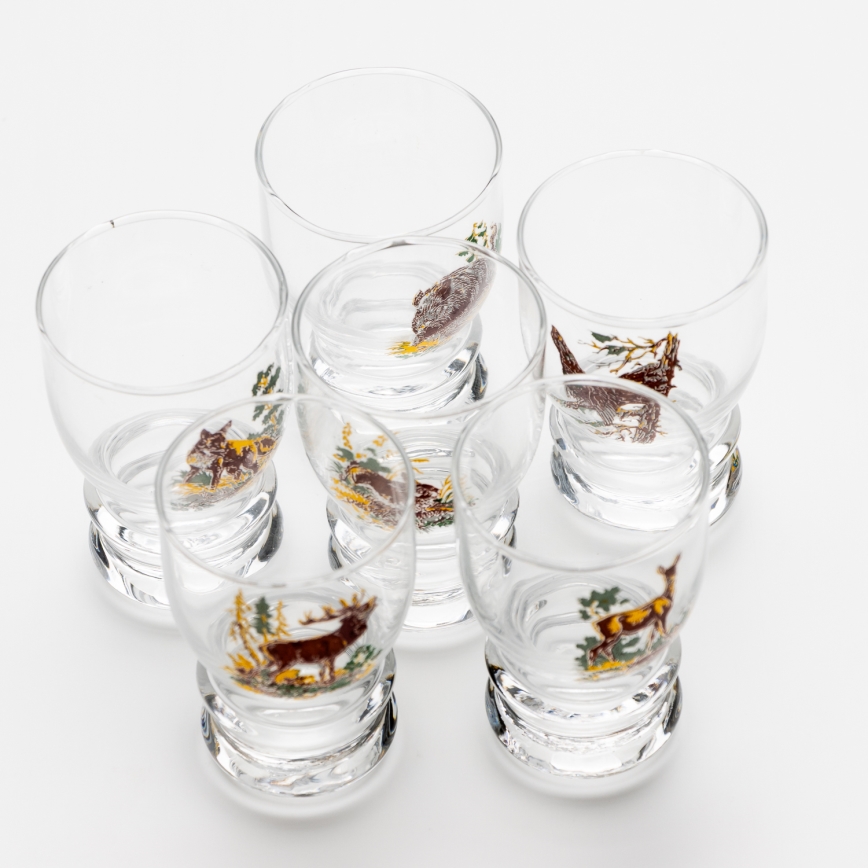 Lot 6x verre à liqueur transparent - motif de chasse