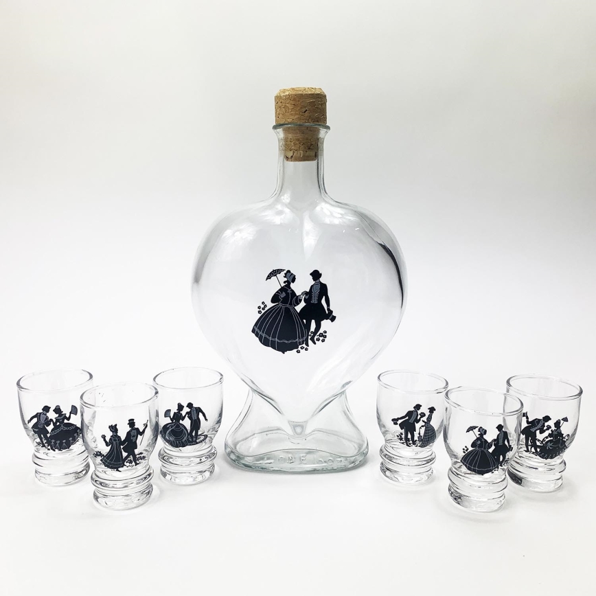lot cœur 1x 0,5l bouteille + 6x verre à shot transparent avec motif de couple