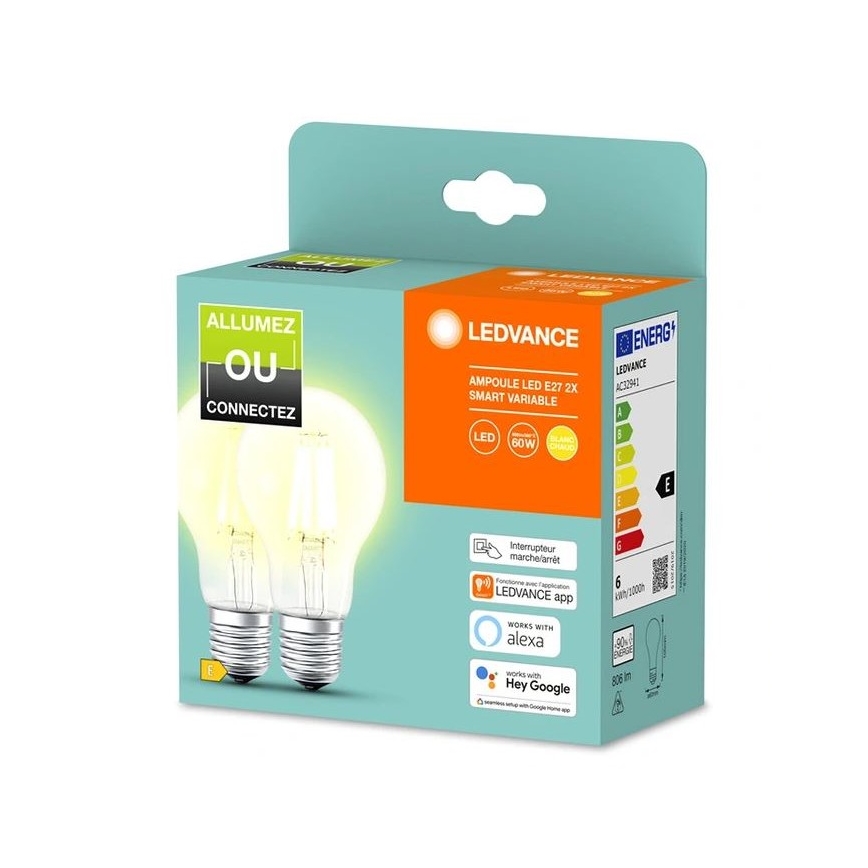 Lot de 2 ampoules LED à intensité variable SMART+ A60 E27/6W/230V 2700K - Ledvance