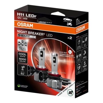 Lot de 2 ampoules LED auto NIGHT BREAKER SMART H11 PGJ19-2 — 14W/12V, 6000K — Osram