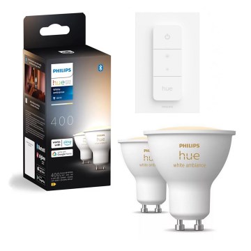 Lot de 2 ampoules LED dimmables Philips Hue WHITE AMBIANCE GU10 4,2 W / 230 V (2200–6500 K) + variateur