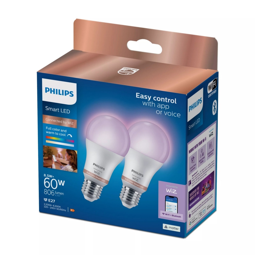 Lot de 2 ampoules LED RGB dimmables Philips SMART A60 E27/8,5W/230V 2200-6500K