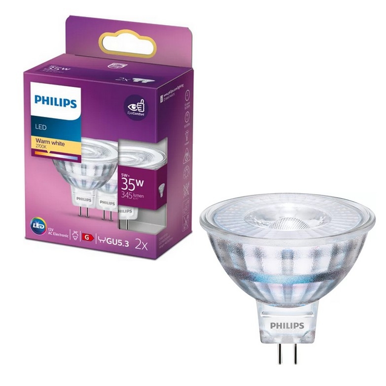 Lot de 2 ampoules LED Philips GU5,3/MR16/5W/12V 2700K