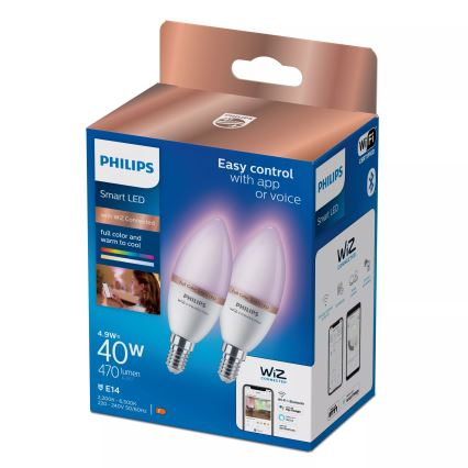 Lot de 2 ampoules LED RGB dimmables Philips SMART C37 E14/4,9W/230V 2200-6500K IRC 90