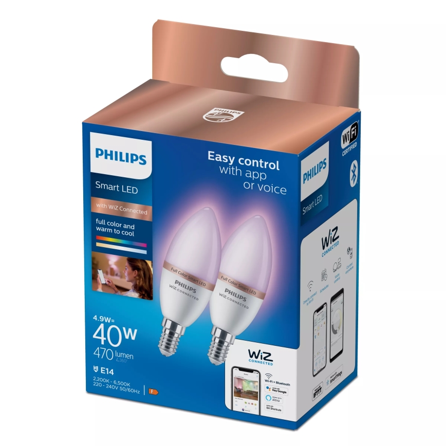 Lot de 2 ampoules LED RGB dimmables Philips SMART C37 E14/4,9W/230V 2200-6500K IRC 90
