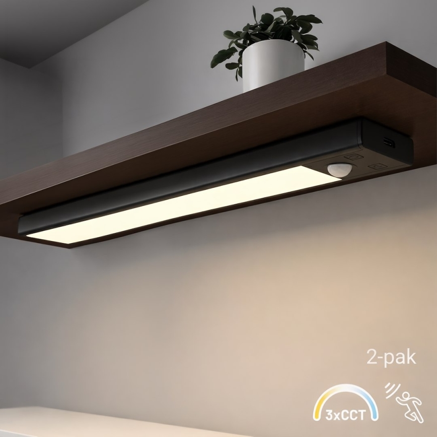 Lot de 2 éclairages LED rechargeables pour meubles avec capteur de mouvement et capteur crépusculaire VIRO LED/1,2W/3,7V 800 mAh 3000/4000/6500K 30 cm noir