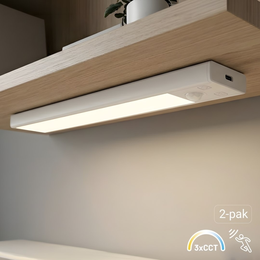 Lot de 2 éclairages LED rechargeables pour meubles avec détecteur de mouvement et capteur crépusculaire VIRO LED/1W/3,7V 800 mAh 3000/4000/6500K 20 cm blanc