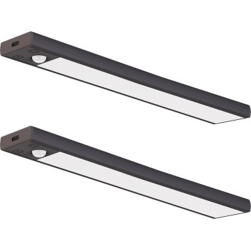 Lot de 2 éclairages LED rechargeables pour meubles avec détecteur de mouvement et capteur crépusculaire VIRO LED/1,2W/3,7V 800 mAh 3000/4000/6500K 30 cm noir