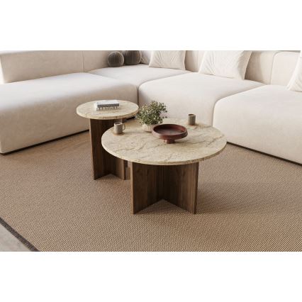 Lot de 2 tables basses PURO Ø 40/70 cm, noyer/beige