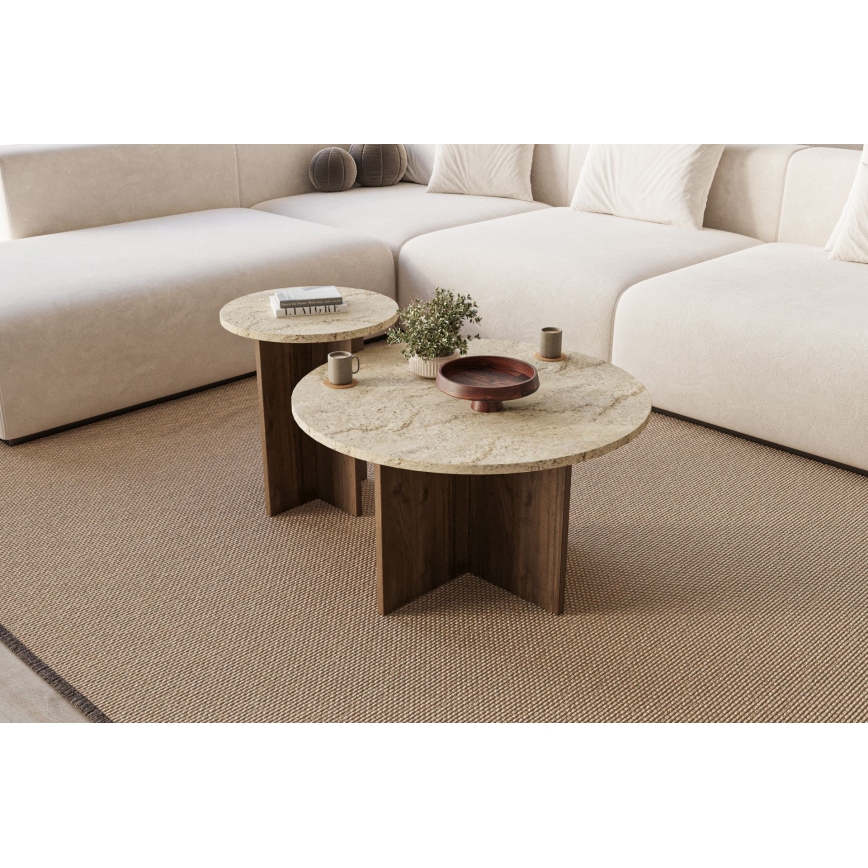 Lot de 2 tables basses PURO Ø 40/70 cm, noyer/beige