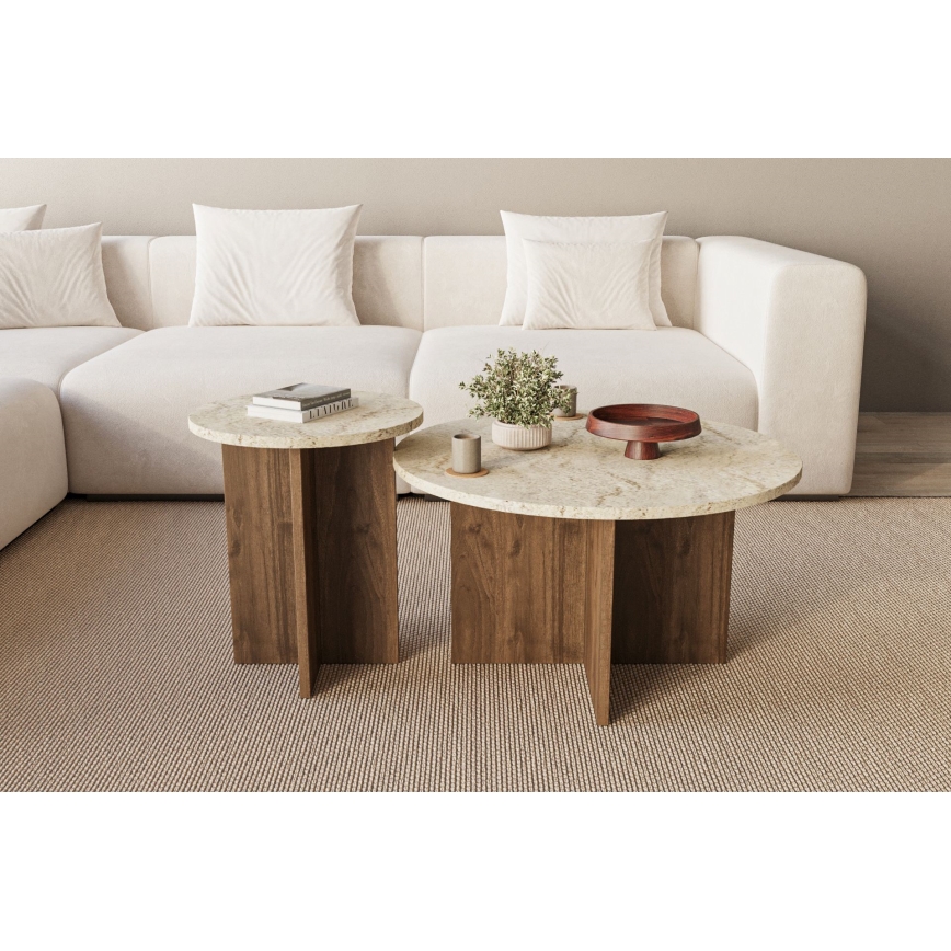 Lot de 2 tables basses PURO Ø 40/70 cm, noyer/beige