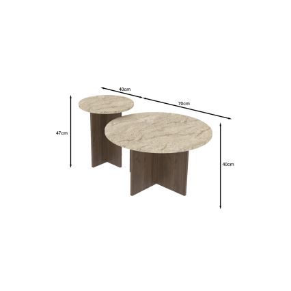 Lot de 2 tables basses PURO Ø 40/70 cm, noyer/beige