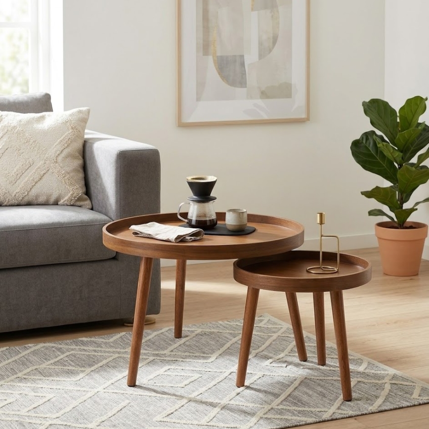 Lot de 2 tables basses VERDE Ø 60/38 cm, finition noyer