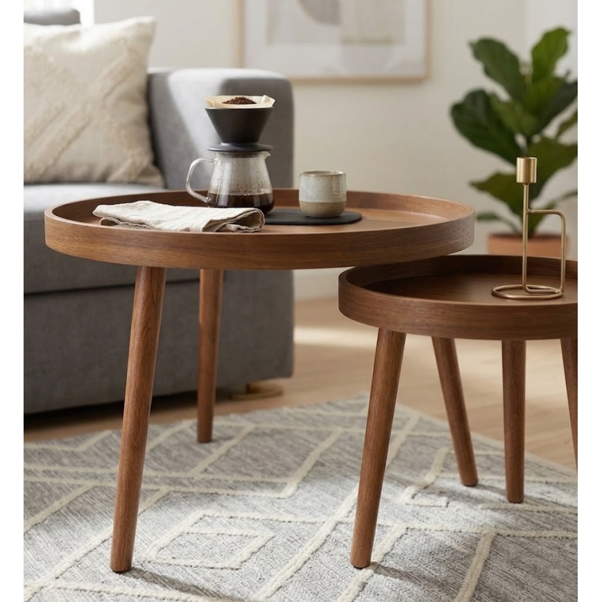 Lot de 2 tables basses VERDE Ø 60/38 cm, finition noyer