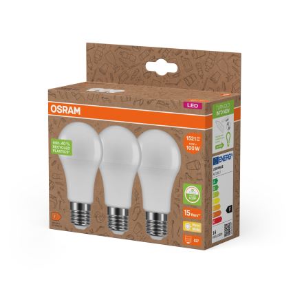 Lot de 3 ampoules LED A100 en plastique recyclé, culot E27, 14 W, 230 V, 2700 K — Osram