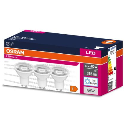 Lot de 3 ampoules LED réflecteur PAR16 GU10/6,9W/230V 6500K 60° - Osram