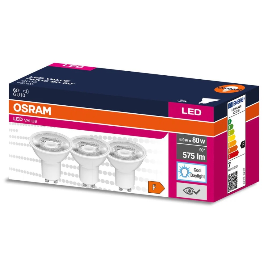 Lot de 3 ampoules LED réflecteur PAR16 GU10/6,9W/230V 6500K 60° - Osram