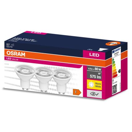 Lot de 3 ampoules spot LED PAR16 GU10/6,9W/230V 2700K 60° - Osram