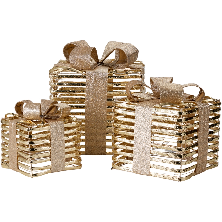 ENSEMBLE DE 3 décorations de Noël LED 20xLED/2xAA + 30xLED/3xAA + 40xLED/3xAA blanc chaud cadeaux/doré